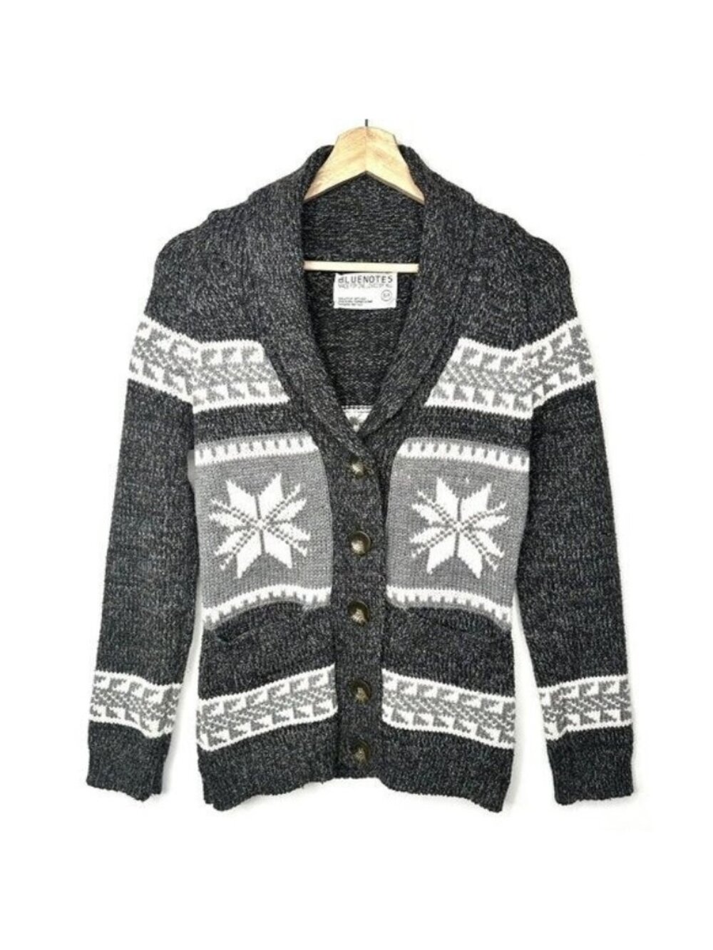 Blue Notes Shawl Collar Cardigan Womens S Gray Fair Isle Snowflake Cozy Knit